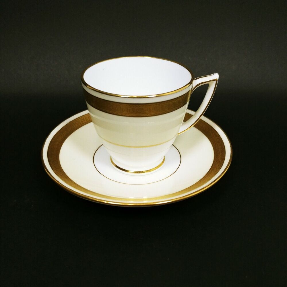 Mintons Raised Gold Encrusted Greek Key Cream Tea Cup Saucer Ivory China England